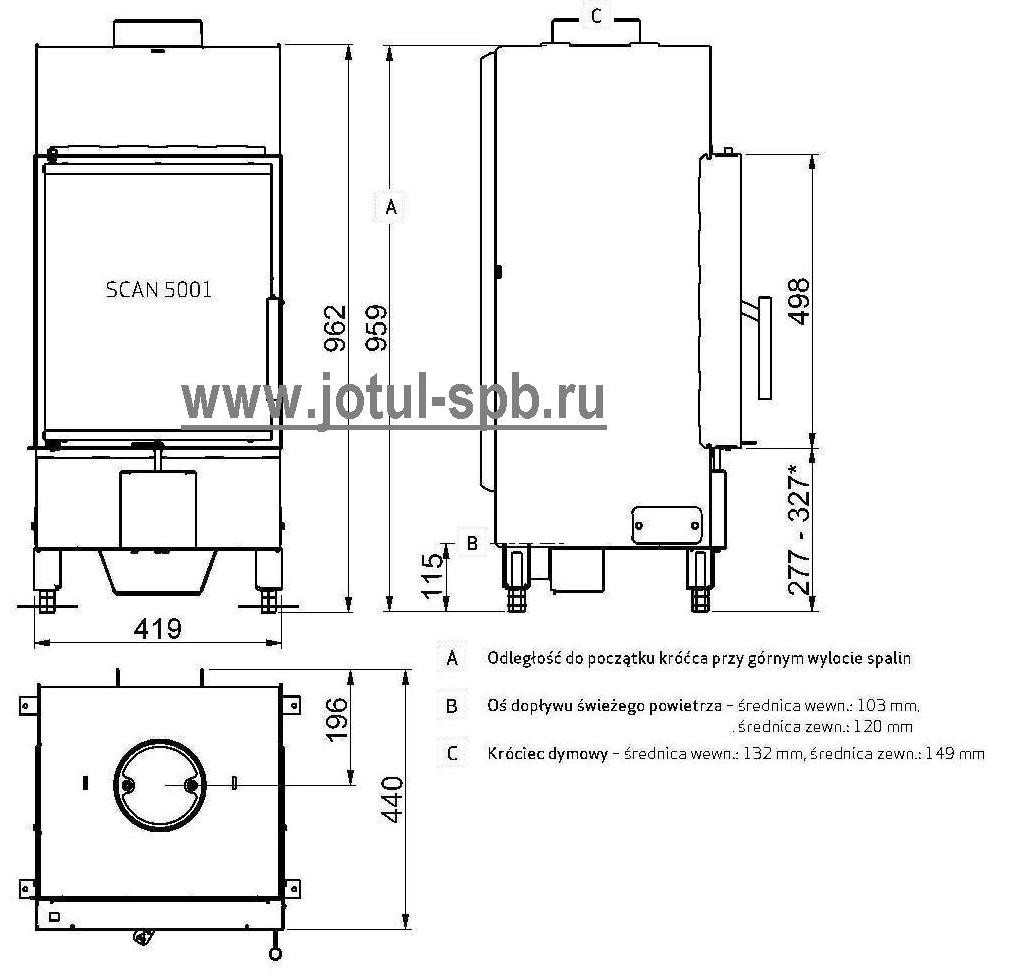 Установочные размеры камина Scan 5001 для монтажа